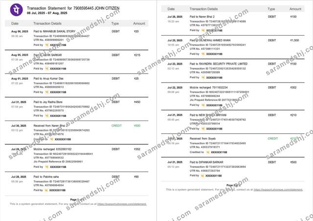 India PhonePe transaction statement Word and PDF template, 2 pages